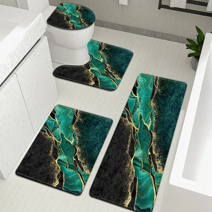 3/4 Piece Set Golden White Marble Pattern Printed Bathroom Mat Set, Non-Slip U-Shaped Toilet Mat, Floor Rugs for Bathroom, Laundry Room & Living Space