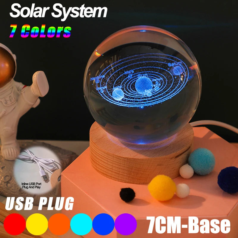 Galaxy Crystal Ball Lamp – 3D Planet Night Light with Wooden Base for Bedroom Decor