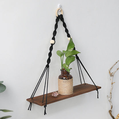 Black Woodenshelf Hanging Wall Shelves Boho Home Decor Candle Holder Macrame Storage Shelves for Bedroom Bathroom Living Room