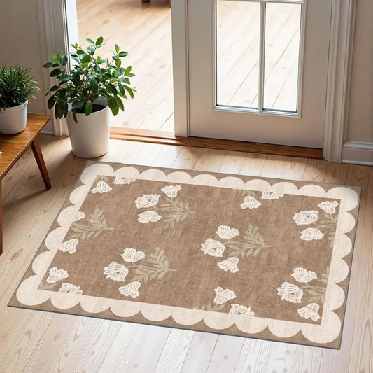 Front Door Mat outside Entrance - 2X3 Floral Non-Slip Washable Doormat Indoor Outdoor Mat Tan Neutral Farmhouse Scalloped Entry Rug Small Throw Rugs for Entryway Kitchen Front Porch Decor Home Decor Rug