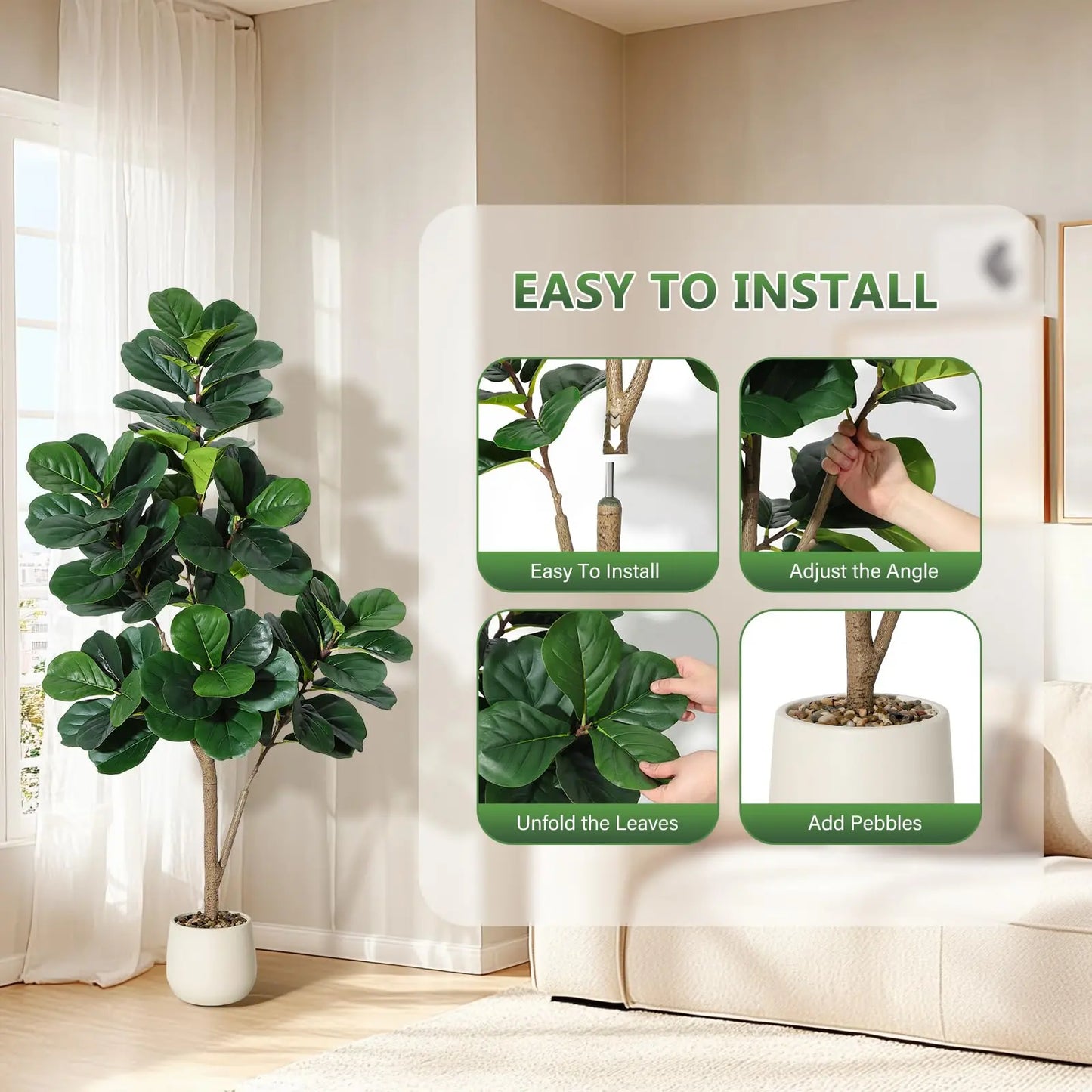 【Garvee】Lifelike 5Ft Artificial Fiddle Leaf Fig Tree – Faux Ficus Lyrata Floor Plant with 77 Realistic Leaves in 7.8In White Planter Pot – Decorative Greenery for Home, Living Room, Office – Ideal Housewarming Gift