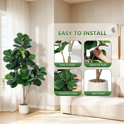 【Garvee】Lifelike 5Ft Artificial Fiddle Leaf Fig Tree – Faux Ficus Lyrata Floor Plant with 77 Realistic Leaves in 7.8In White Planter Pot – Decorative Greenery for Home, Living Room, Office – Ideal Housewarming Gift