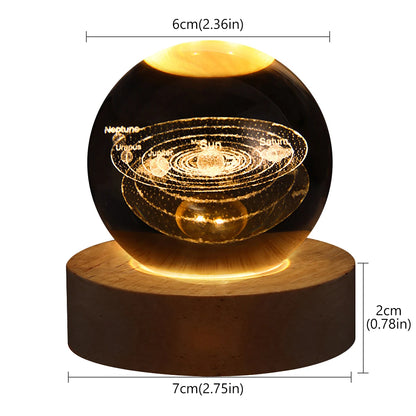 Galaxy Crystal Ball Lamp – 3D Planet Night Light with Wooden Base for Bedroom Decor