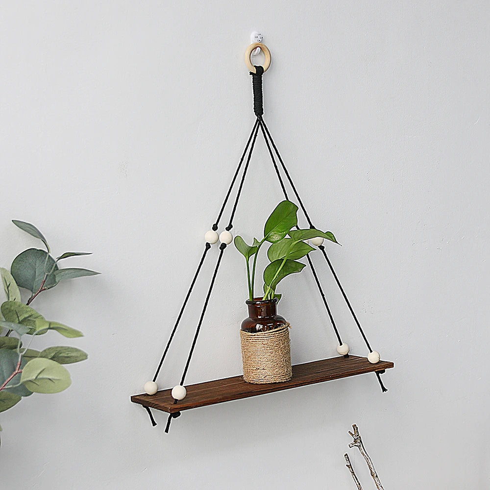 Black Woodenshelf Hanging Wall Shelves Boho Home Decor Candle Holder Macrame Storage Shelves for Bedroom Bathroom Living Room