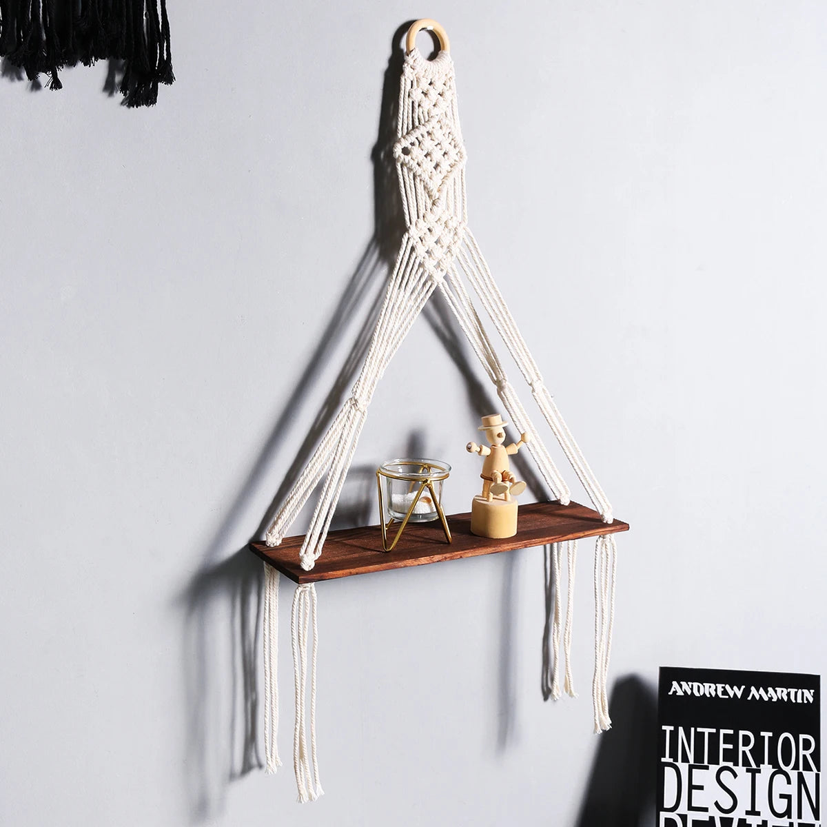 Black Woodenshelf Hanging Wall Shelves Boho Home Decor Candle Holder Macrame Storage Shelves for Bedroom Bathroom Living Room