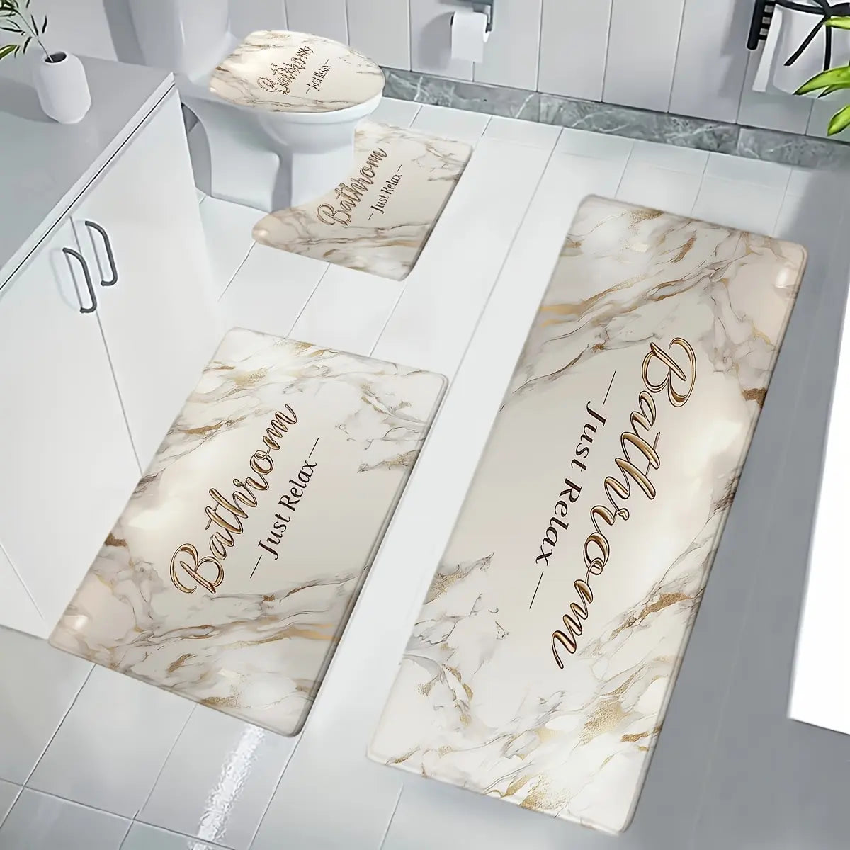 3/4 Piece Set Golden White Marble Pattern Printed Bathroom Mat Set, Non-Slip U-Shaped Toilet Mat, Floor Rugs for Bathroom, Laundry Room & Living Space