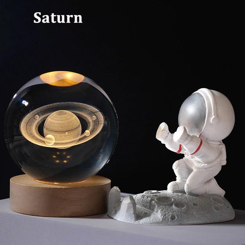 Galaxy Crystal Ball Lamp – 3D Planet Night Light with Wooden Base for Bedroom Decor