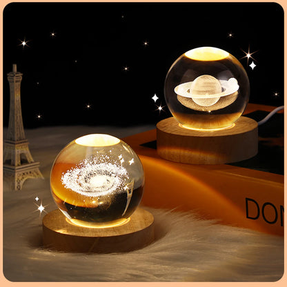 Galaxy Crystal Ball Lamp – 3D Planet Night Light with Wooden Base for Bedroom Decor