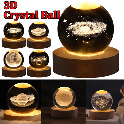 Galaxy Crystal Ball Lamp – 3D Planet Night Light with Wooden Base for Bedroom Decor