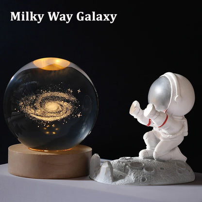 Galaxy Crystal Ball Lamp – 3D Planet Night Light with Wooden Base for Bedroom Decor