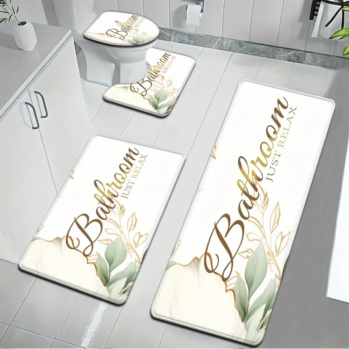3/4 Piece Set Golden White Marble Pattern Printed Bathroom Mat Set, Non-Slip U-Shaped Toilet Mat, Floor Rugs for Bathroom, Laundry Room & Living Space