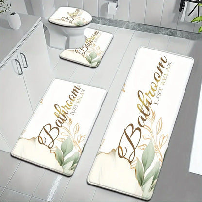 3/4 Piece Set Golden White Marble Pattern Printed Bathroom Mat Set, Non-Slip U-Shaped Toilet Mat, Floor Rugs for Bathroom, Laundry Room & Living Space