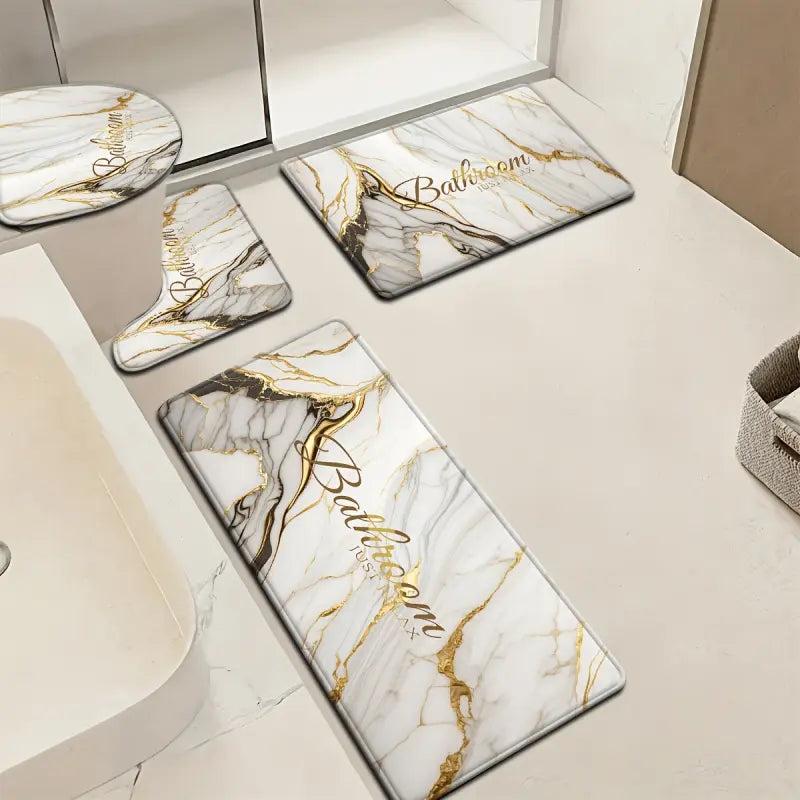 3/4 Piece Set Golden White Marble Pattern Printed Bathroom Mat Set, Non-Slip U-Shaped Toilet Mat, Floor Rugs for Bathroom, Laundry Room & Living Space