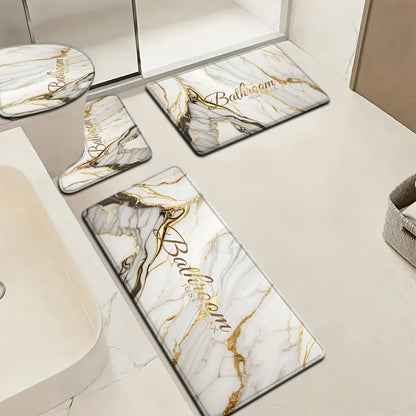 3/4 Piece Set Golden White Marble Pattern Printed Bathroom Mat Set, Non-Slip U-Shaped Toilet Mat, Floor Rugs for Bathroom, Laundry Room & Living Space