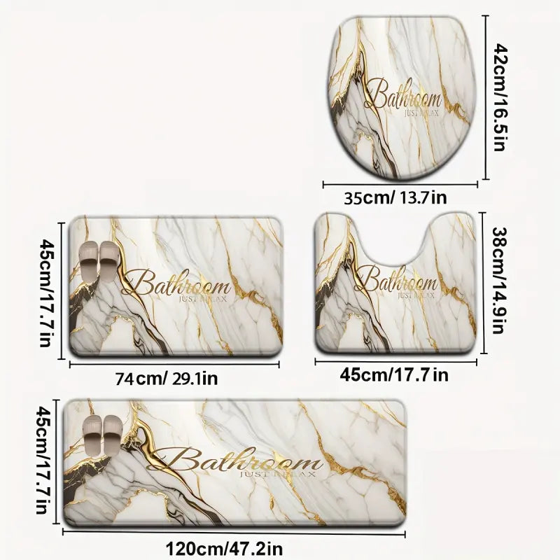 3/4 Piece Set Golden White Marble Pattern Printed Bathroom Mat Set, Non-Slip U-Shaped Toilet Mat, Floor Rugs for Bathroom, Laundry Room & Living Space