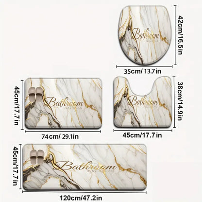 3/4 Piece Set Golden White Marble Pattern Printed Bathroom Mat Set, Non-Slip U-Shaped Toilet Mat, Floor Rugs for Bathroom, Laundry Room & Living Space