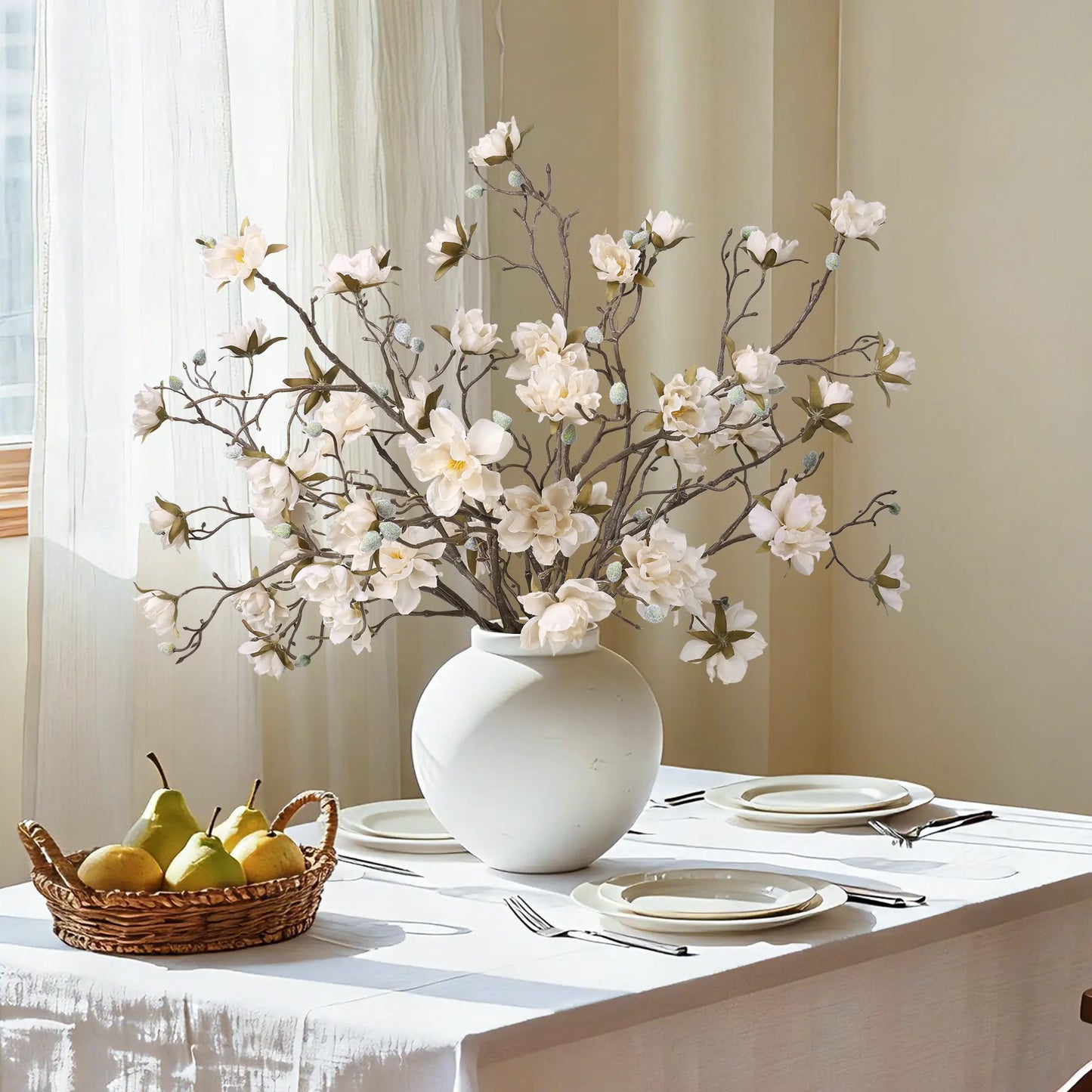 Ivydale 3PCS Artificial Magnolia Flowers Stems for Spring Decoration, Faux Champagne Magnolia Branches with Buds, 34.5" Long Stems Floral Arrangement for Vase Pot Table Centerpiece Indoor Decor