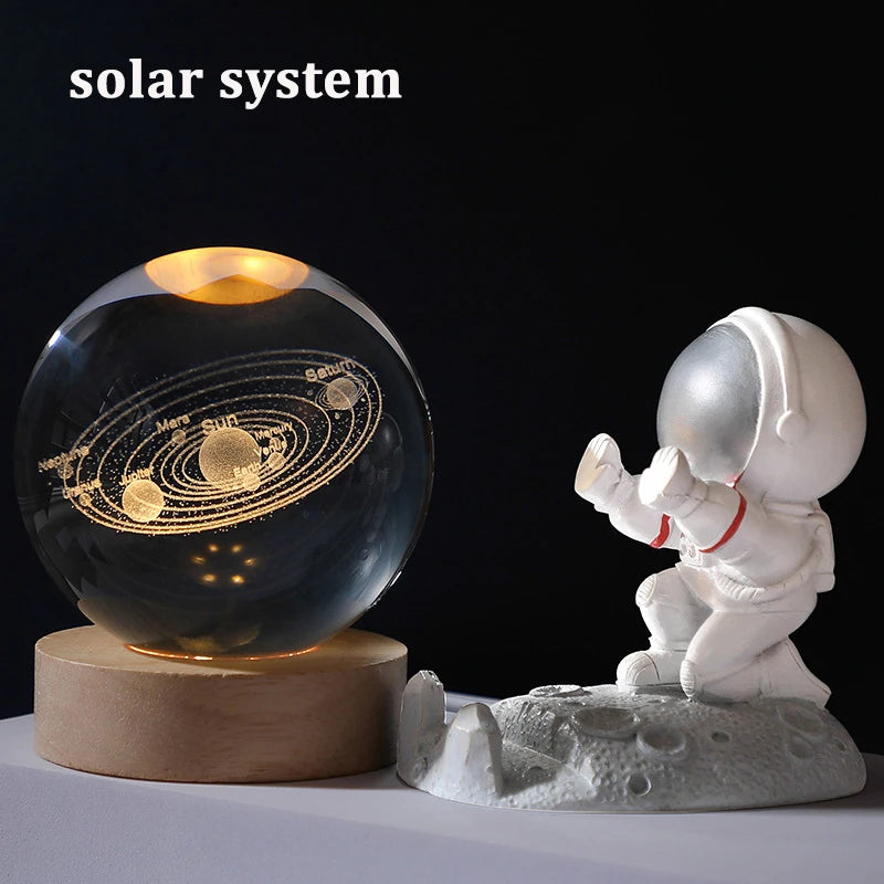 Galaxy Crystal Ball Lamp – 3D Planet Night Light with Wooden Base for Bedroom Decor