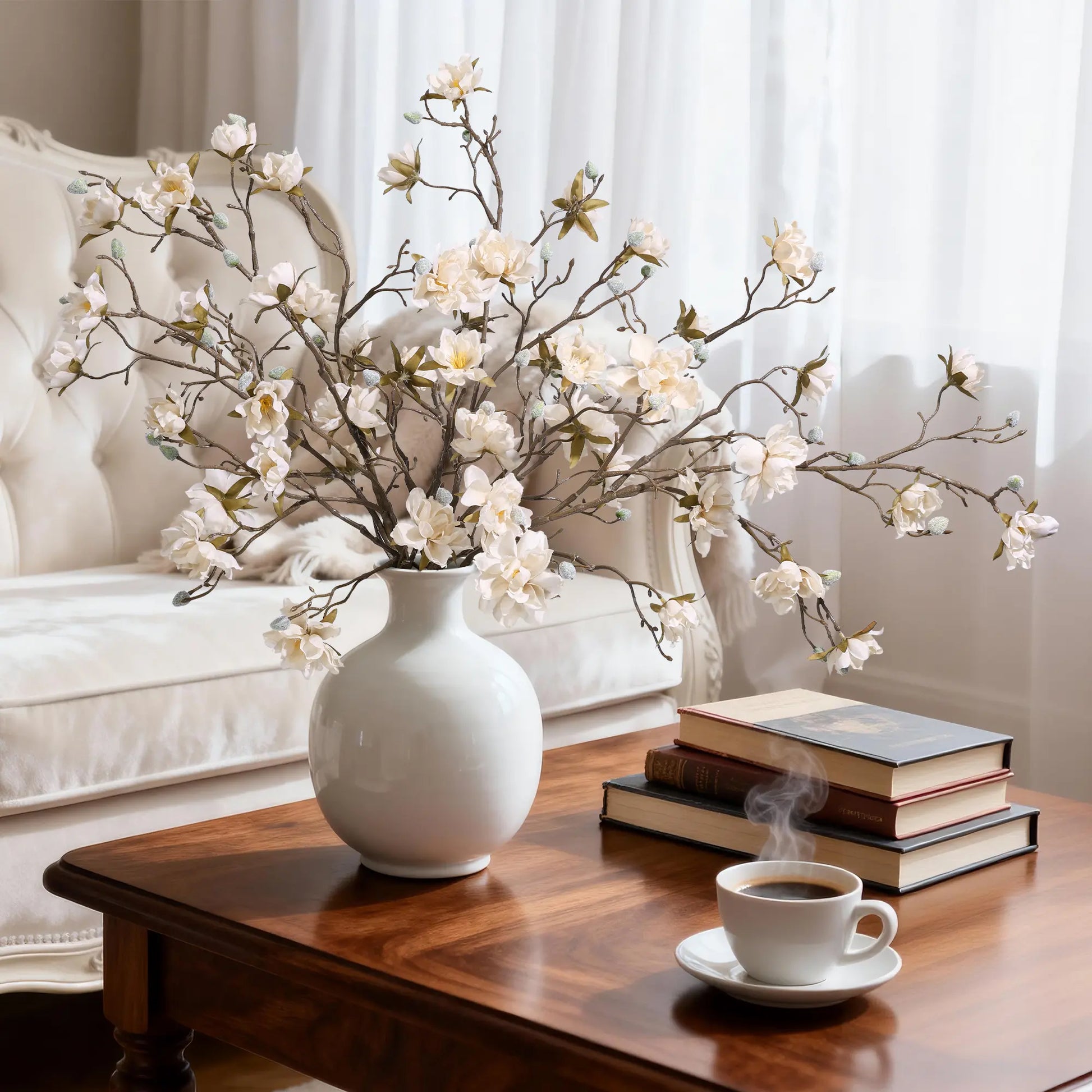 Ivydale 3PCS Artificial Magnolia Flowers Stems for Spring Decoration, Faux Champagne Magnolia Branches with Buds, 34.5" Long Stems Floral Arrangement for Vase Pot Table Centerpiece Indoor Decor