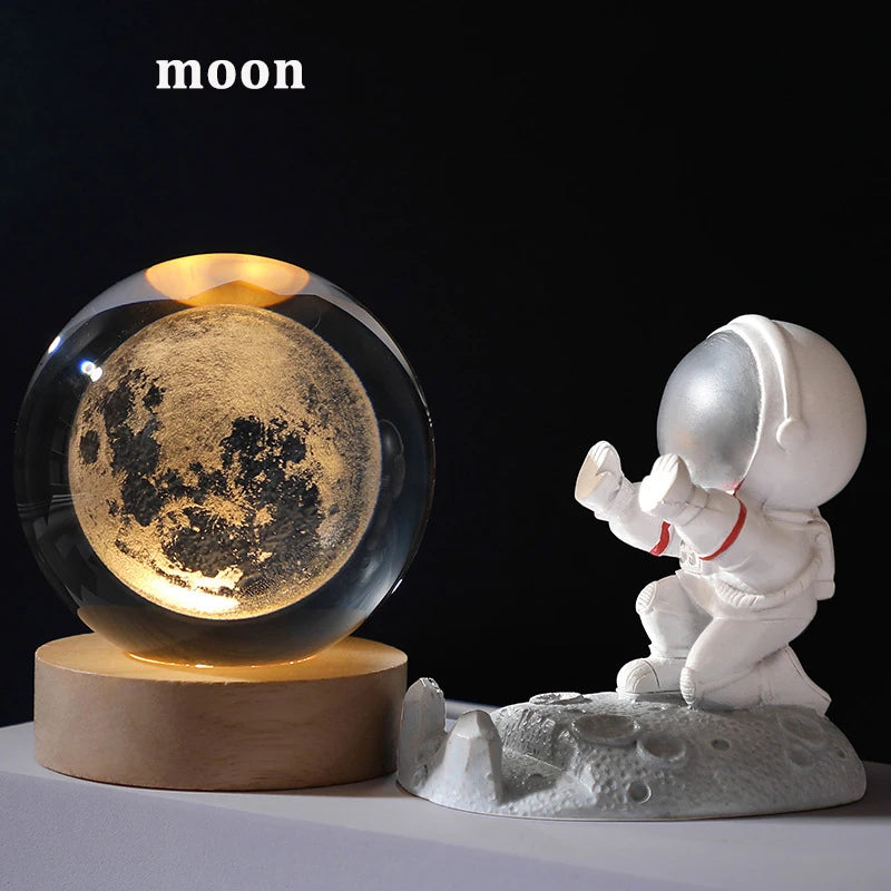 Galaxy Crystal Ball Lamp – 3D Planet Night Light with Wooden Base for Bedroom Decor