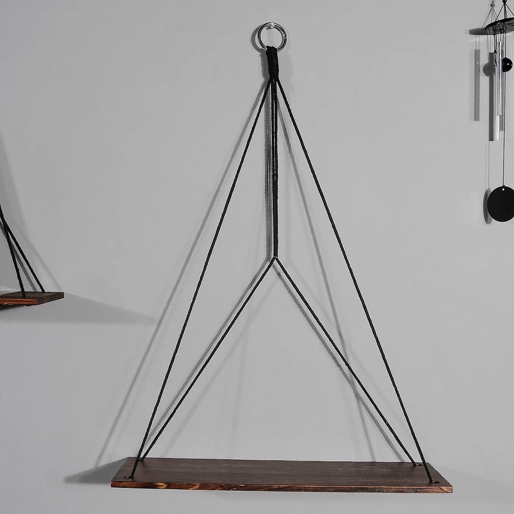 Black Woodenshelf Hanging Wall Shelves Boho Home Decor Candle Holder Macrame Storage Shelves for Bedroom Bathroom Living Room