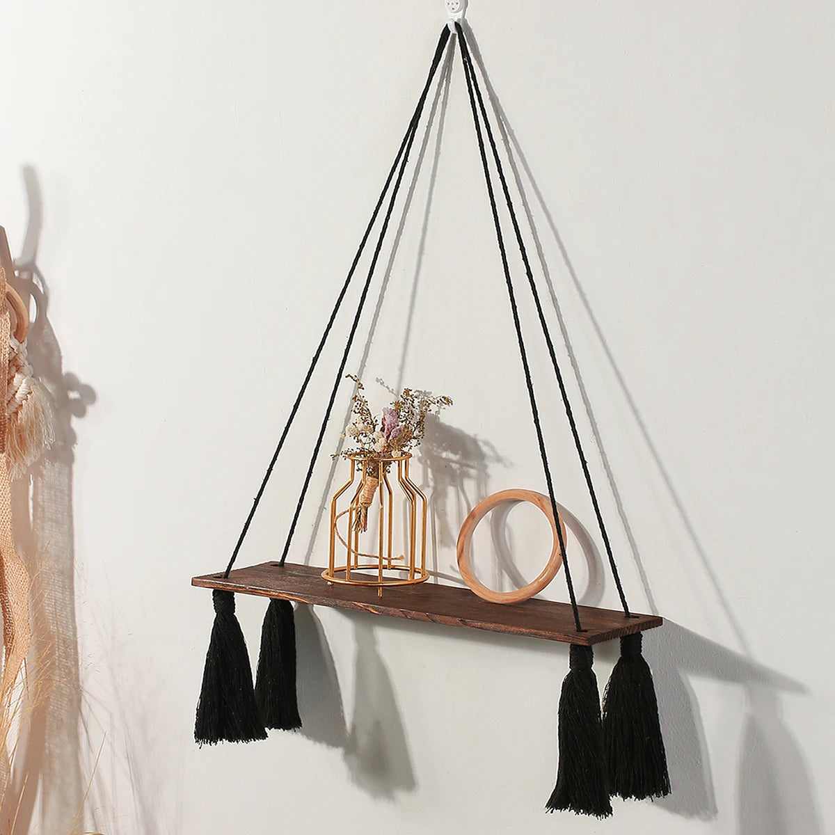 Black Woodenshelf Hanging Wall Shelves Boho Home Decor Candle Holder Macrame Storage Shelves for Bedroom Bathroom Living Room