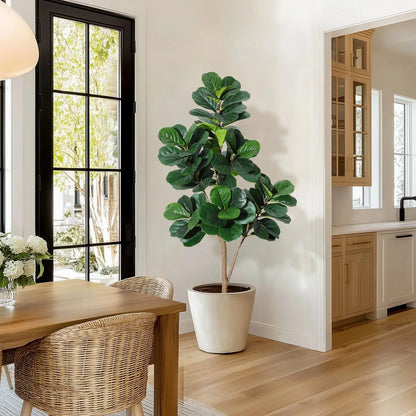 【Garvee】Lifelike 5Ft Artificial Fiddle Leaf Fig Tree – Faux Ficus Lyrata Floor Plant with 77 Realistic Leaves in 7.8In White Planter Pot – Decorative Greenery for Home, Living Room, Office – Ideal Housewarming Gift