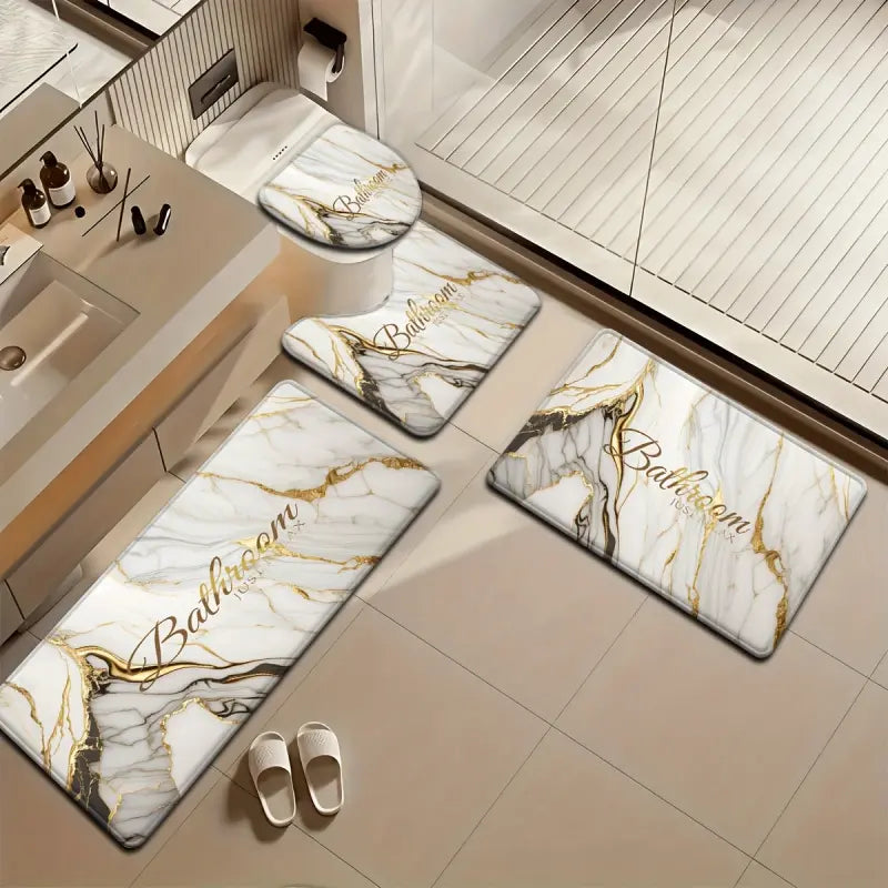 3/4 Piece Set Golden White Marble Pattern Printed Bathroom Mat Set, Non-Slip U-Shaped Toilet Mat, Floor Rugs for Bathroom, Laundry Room & Living Space