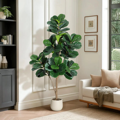 【Garvee】Lifelike 5Ft Artificial Fiddle Leaf Fig Tree – Faux Ficus Lyrata Floor Plant with 77 Realistic Leaves in 7.8In White Planter Pot – Decorative Greenery for Home, Living Room, Office – Ideal Housewarming Gift