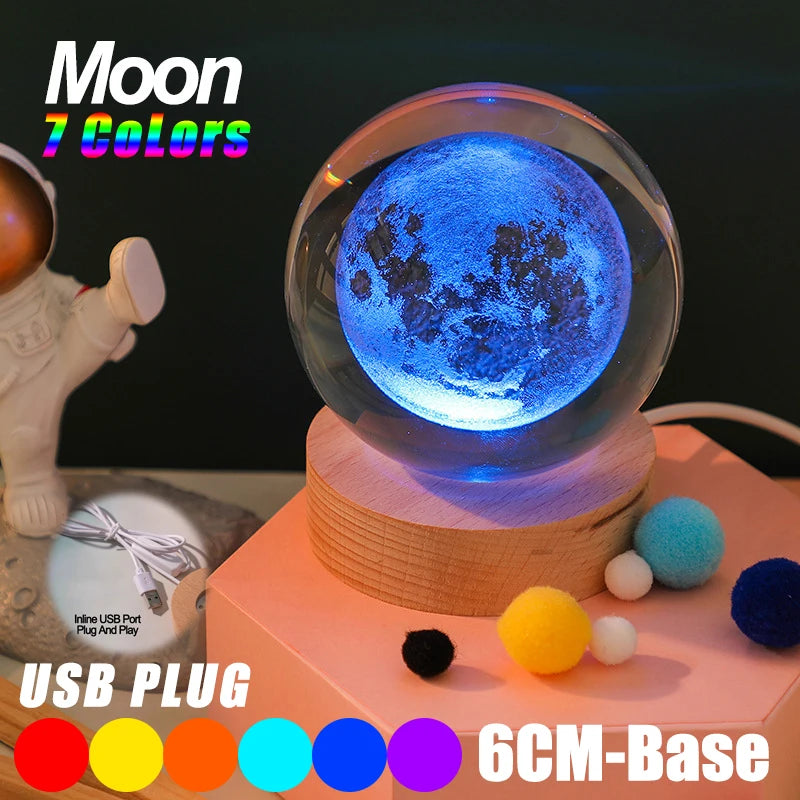 Galaxy Crystal Ball Lamp – 3D Planet Night Light with Wooden Base for Bedroom Decor