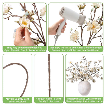 Ivydale 3PCS Artificial Magnolia Flowers Stems for Spring Decoration, Faux Champagne Magnolia Branches with Buds, 34.5" Long Stems Floral Arrangement for Vase Pot Table Centerpiece Indoor Decor