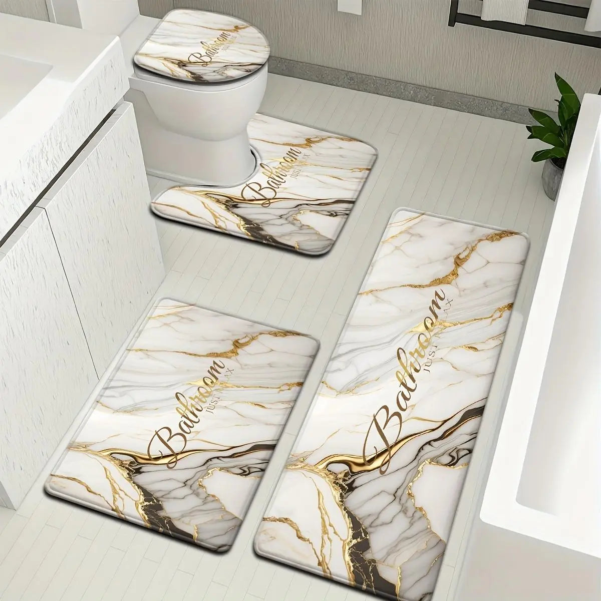 3/4 Piece Set Golden White Marble Pattern Printed Bathroom Mat Set, Non-Slip U-Shaped Toilet Mat, Floor Rugs for Bathroom, Laundry Room & Living Space
