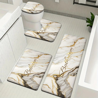 3/4 Piece Set Golden White Marble Pattern Printed Bathroom Mat Set, Non-Slip U-Shaped Toilet Mat, Floor Rugs for Bathroom, Laundry Room & Living Space