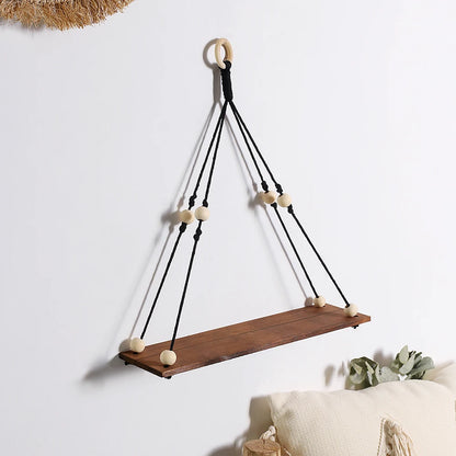 Black Woodenshelf Hanging Wall Shelves Boho Home Decor Candle Holder Macrame Storage Shelves for Bedroom Bathroom Living Room
