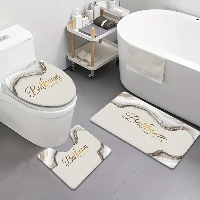 3/4 Piece Set Golden White Marble Pattern Printed Bathroom Mat Set, Non-Slip U-Shaped Toilet Mat, Floor Rugs for Bathroom, Laundry Room & Living Space