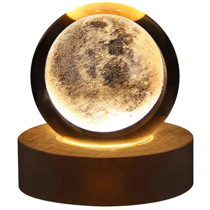 Galaxy Crystal Ball Lamp – 3D Planet Night Light with Wooden Base for Bedroom Decor