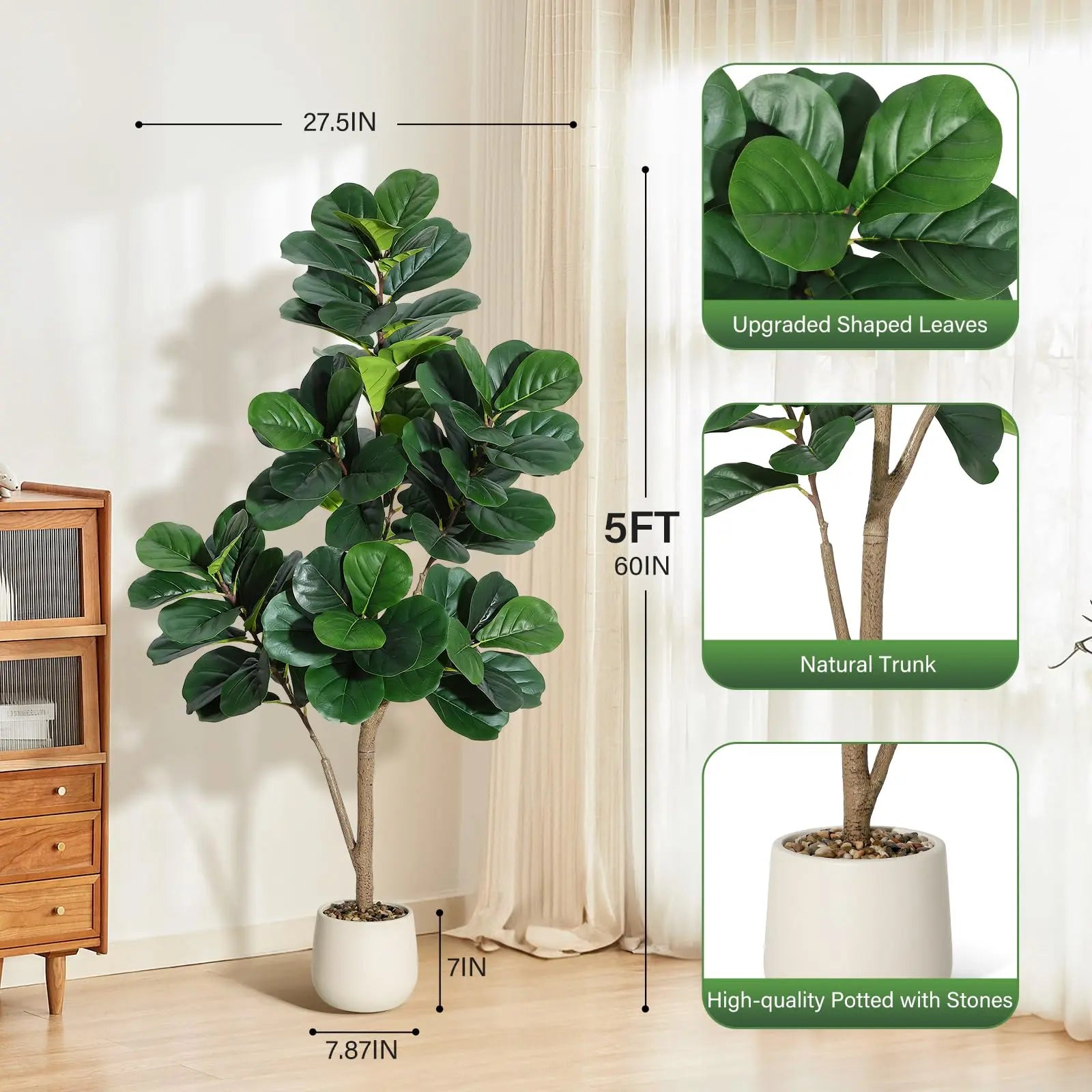 【Garvee】Lifelike 5Ft Artificial Fiddle Leaf Fig Tree – Faux Ficus Lyrata Floor Plant with 77 Realistic Leaves in 7.8In White Planter Pot – Decorative Greenery for Home, Living Room, Office – Ideal Housewarming Gift