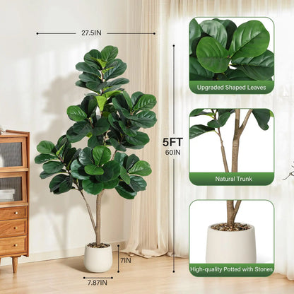【Garvee】Lifelike 5Ft Artificial Fiddle Leaf Fig Tree – Faux Ficus Lyrata Floor Plant with 77 Realistic Leaves in 7.8In White Planter Pot – Decorative Greenery for Home, Living Room, Office – Ideal Housewarming Gift