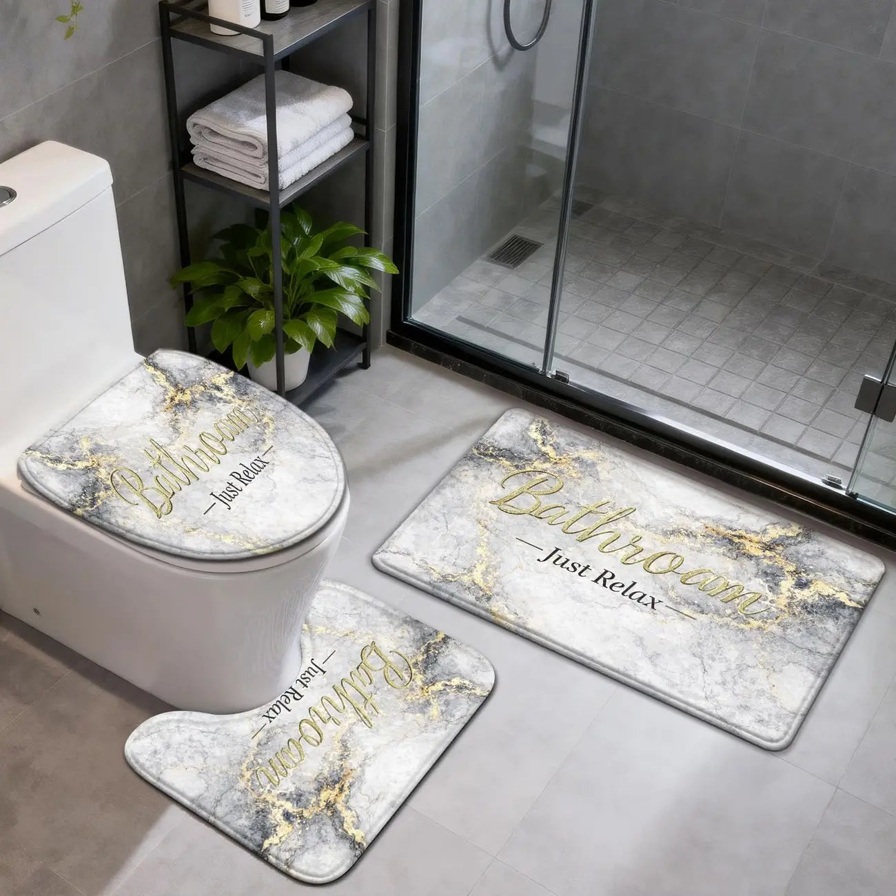 3/4 Piece Set Golden White Marble Pattern Printed Bathroom Mat Set, Non-Slip U-Shaped Toilet Mat, Floor Rugs for Bathroom, Laundry Room & Living Space