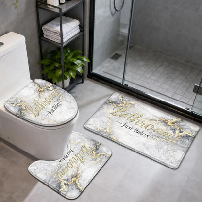 3/4 Piece Set Golden White Marble Pattern Printed Bathroom Mat Set, Non-Slip U-Shaped Toilet Mat, Floor Rugs for Bathroom, Laundry Room & Living Space