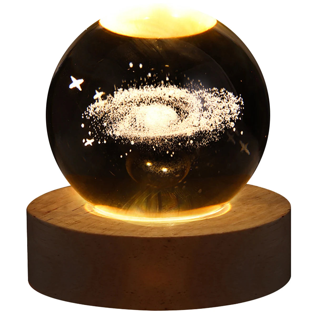 Galaxy Crystal Ball Lamp – 3D Planet Night Light with Wooden Base for Bedroom Decor