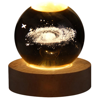 Galaxy Crystal Ball Lamp – 3D Planet Night Light with Wooden Base for Bedroom Decor