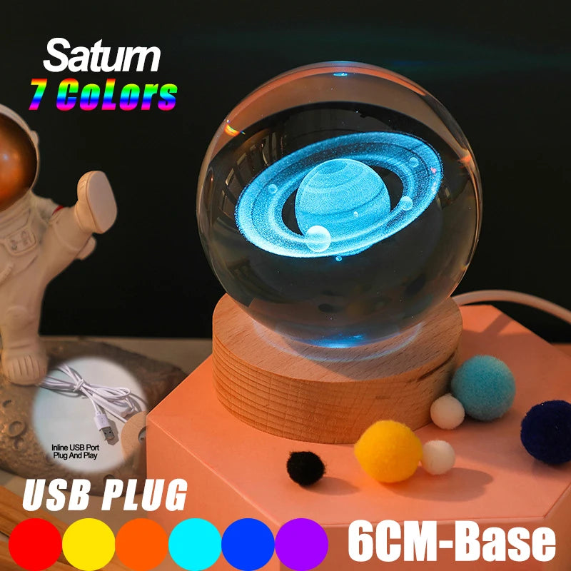 Galaxy Crystal Ball Lamp – 3D Planet Night Light with Wooden Base for Bedroom Decor