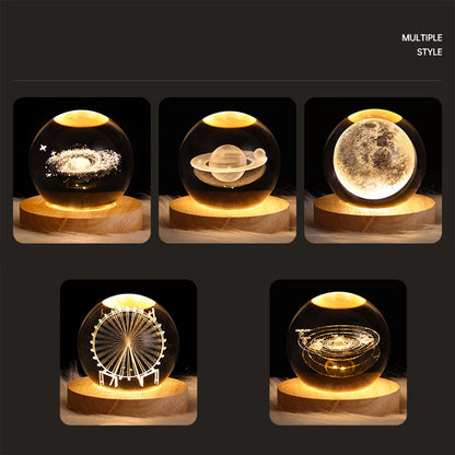Galaxy Crystal Ball Lamp – 3D Planet Night Light with Wooden Base for Bedroom Decor