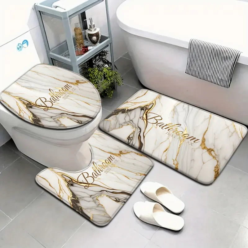 3/4 Piece Set Golden White Marble Pattern Printed Bathroom Mat Set, Non-Slip U-Shaped Toilet Mat, Floor Rugs for Bathroom, Laundry Room & Living Space