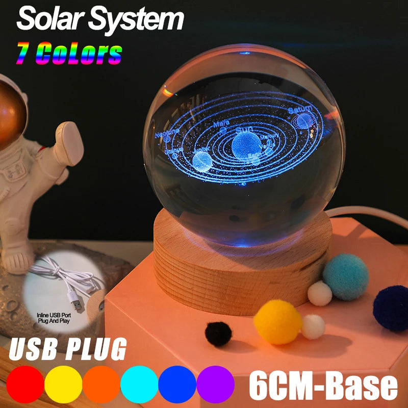 Galaxy Crystal Ball Lamp – 3D Planet Night Light with Wooden Base for Bedroom Decor