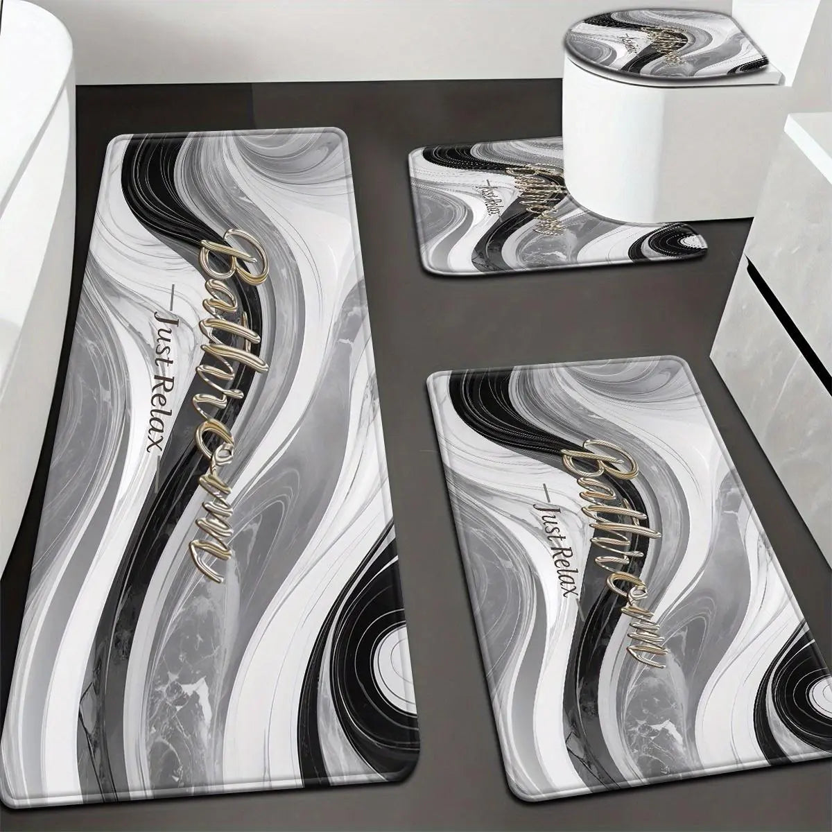3/4 Piece Set Golden White Marble Pattern Printed Bathroom Mat Set, Non-Slip U-Shaped Toilet Mat, Floor Rugs for Bathroom, Laundry Room & Living Space