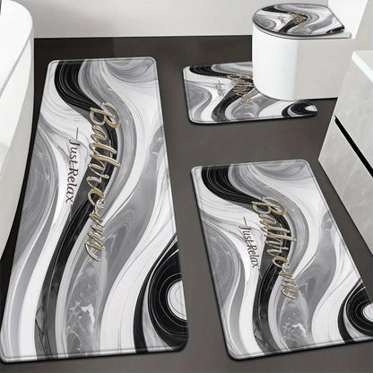3/4 Piece Set Golden White Marble Pattern Printed Bathroom Mat Set, Non-Slip U-Shaped Toilet Mat, Floor Rugs for Bathroom, Laundry Room & Living Space
