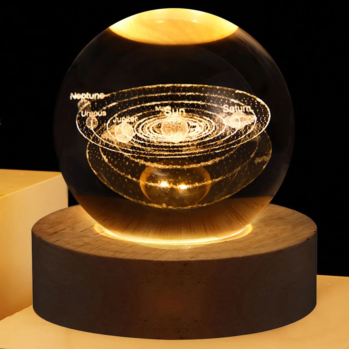 Galaxy Crystal Ball Lamp – 3D Planet Night Light with Wooden Base for Bedroom Decor