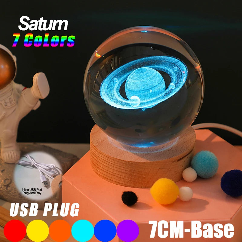 Galaxy Crystal Ball Lamp – 3D Planet Night Light with Wooden Base for Bedroom Decor